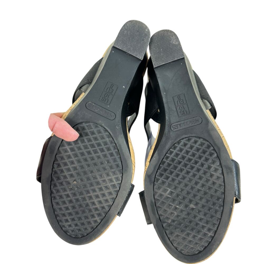 Aerosoles Black Plush Behind Open Toe Cork Wedge High Heels Strappy Size 10 - Picture 4 of 7